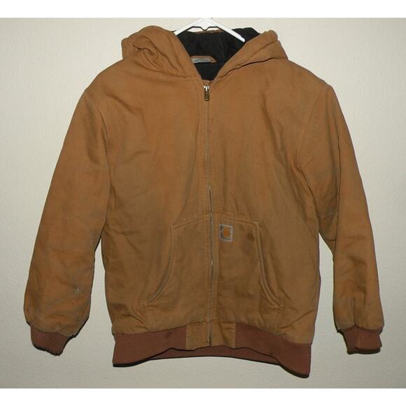 Carhartt Youth Large (14-16) Quilted Insulated Canvas Jacket Brown Hood RN13706
